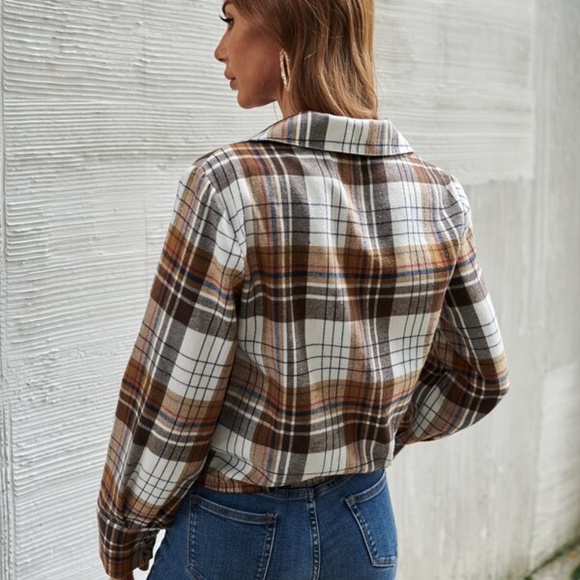 White Brown Plaid Button V neck Top - Picture 3 of 5